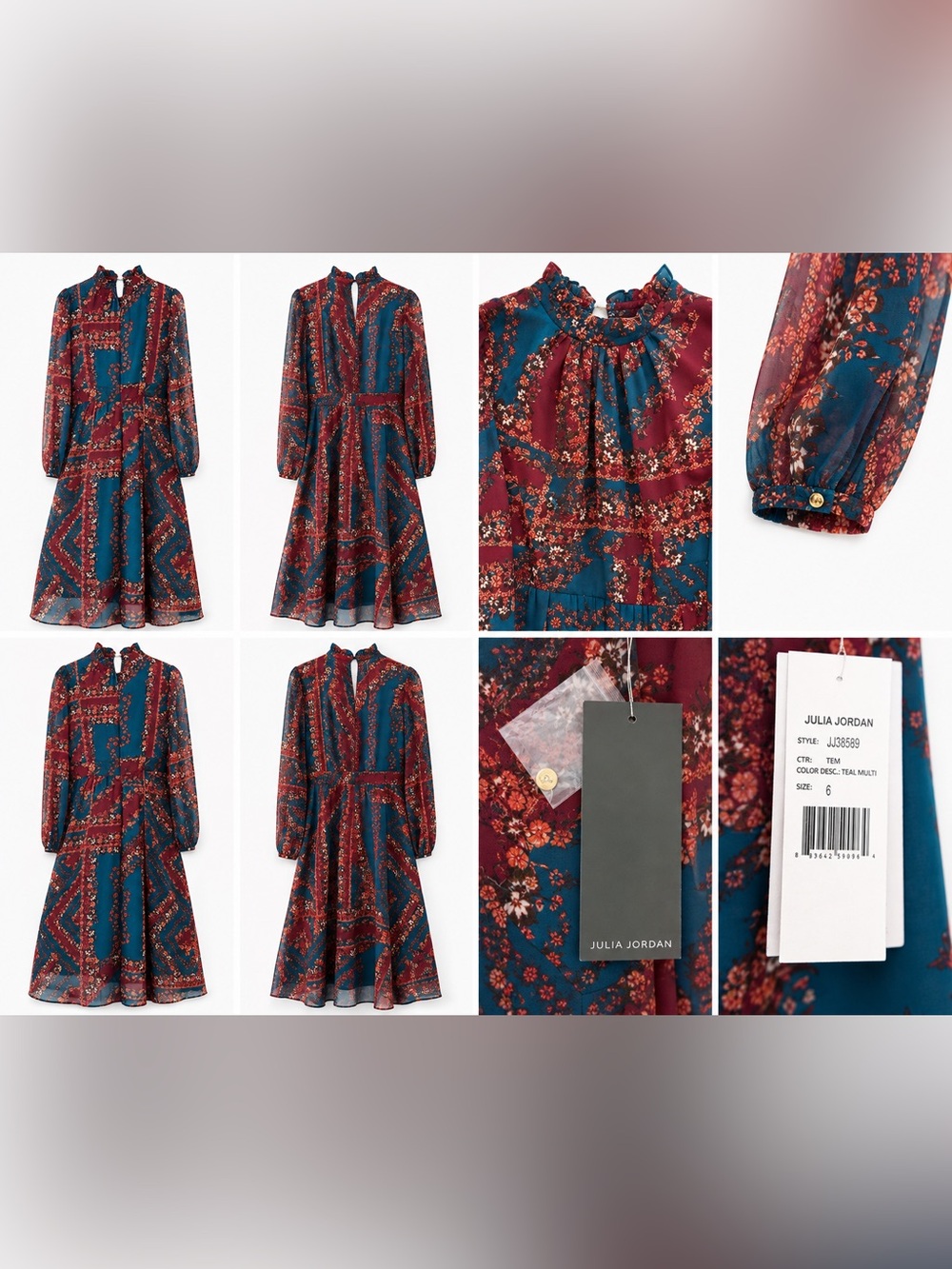 julia jordan Teal & Burgundy Floral Tie-Waist Midi Dress